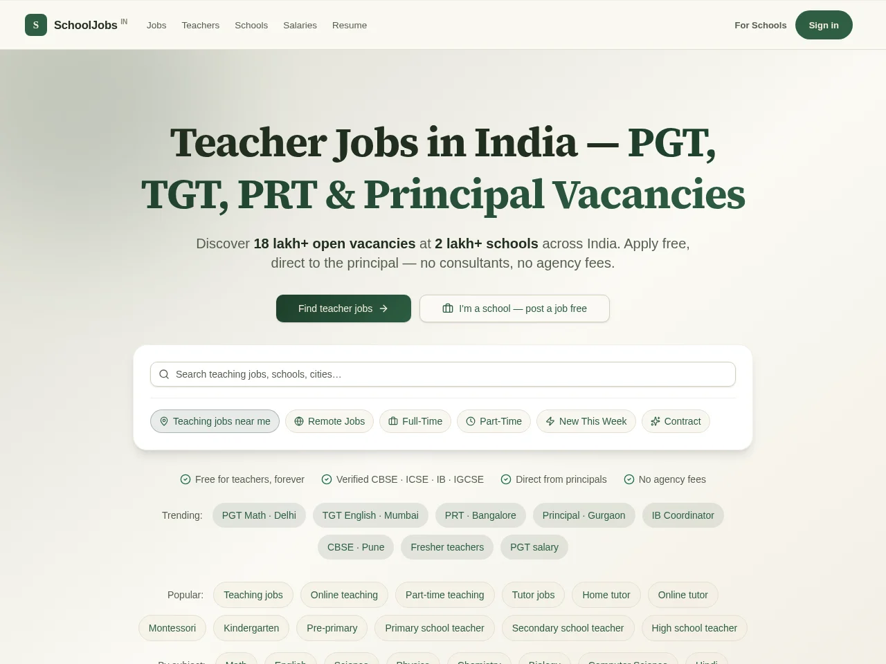 School Jobs in India job board platform screenshot showing job search interface