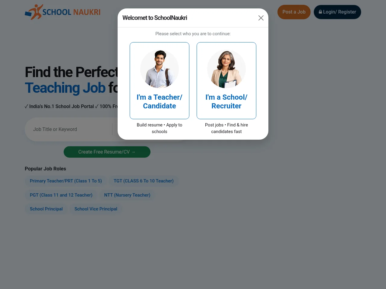 SchoolNaukri job board platform screenshot showing job search interface