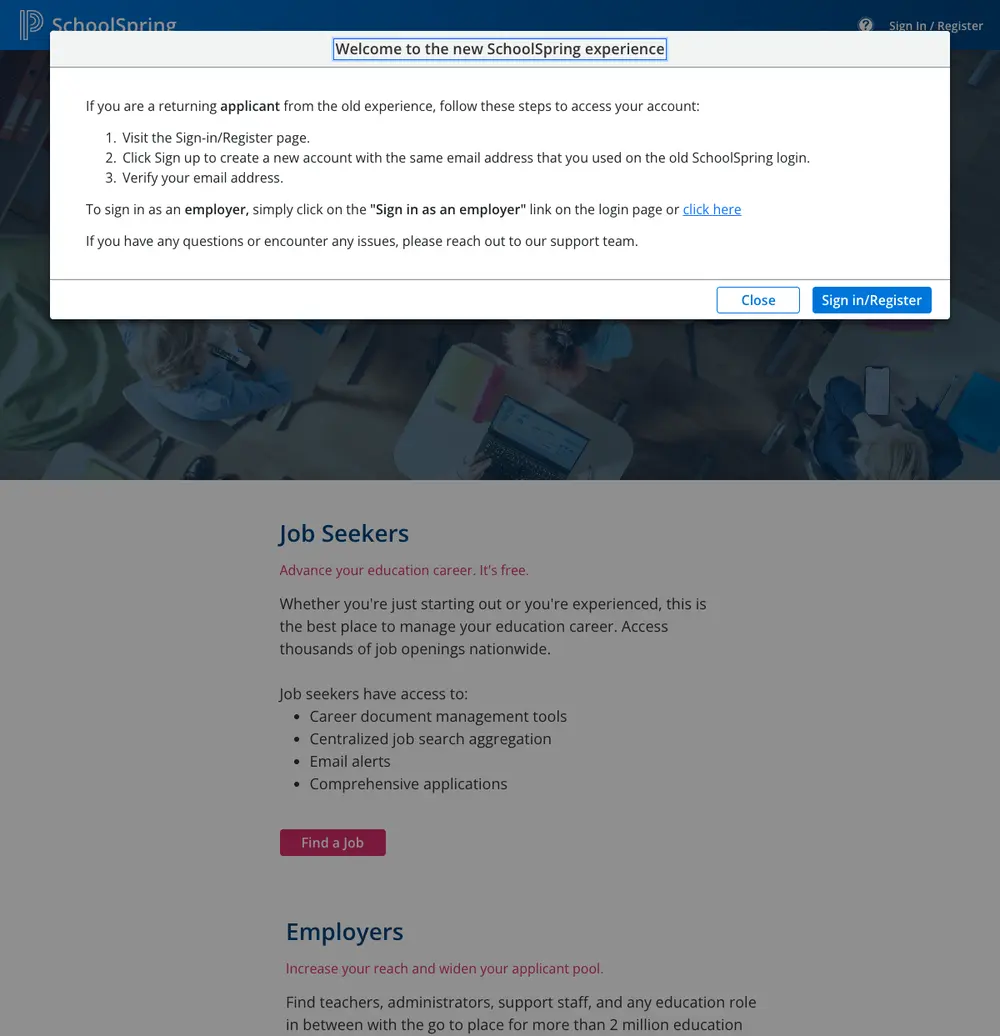 SchoolSpring job board platform screenshot showing job search interface