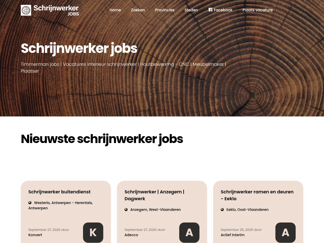 Schrijnwerker Jobs job board platform screenshot showing job search interface