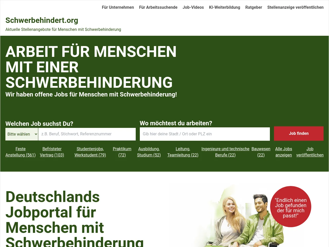 Schwerbehindert.org job board platform screenshot showing job search interface