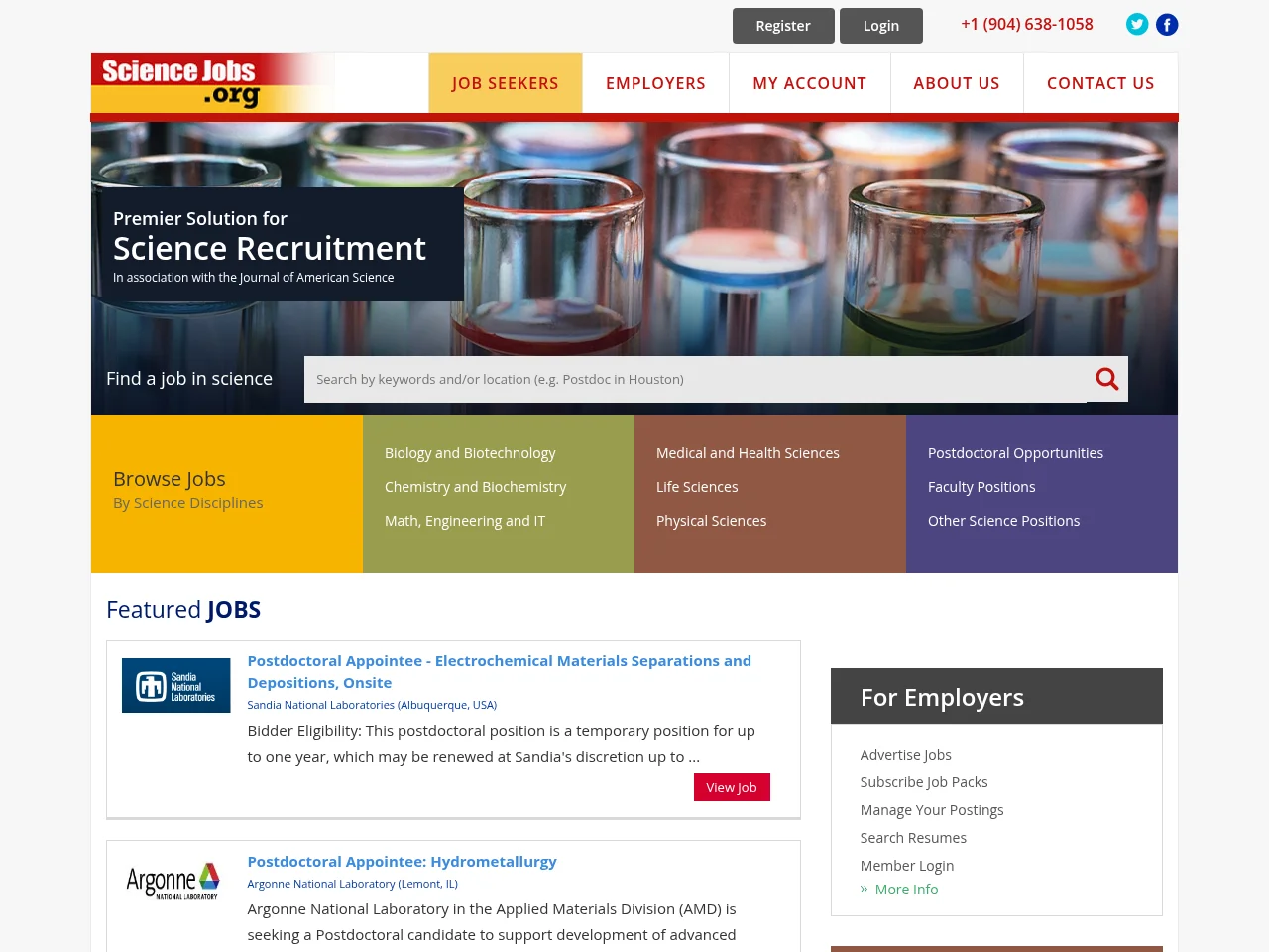 Science Jobs.Org job board platform screenshot showing job search interface