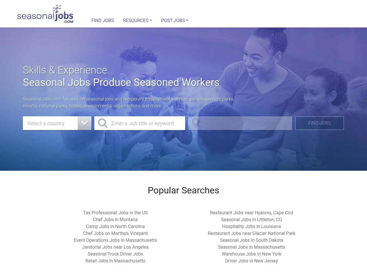SeasonalJobs.com job board platform screenshot showing job search interface