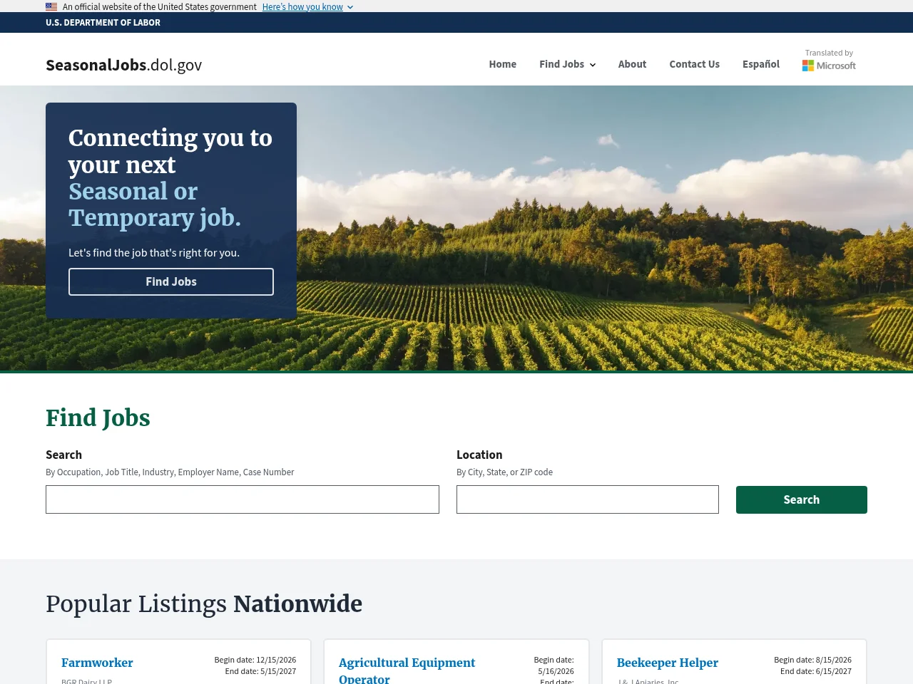SeasonalJobs.dol.gov job board platform screenshot showing job search interface