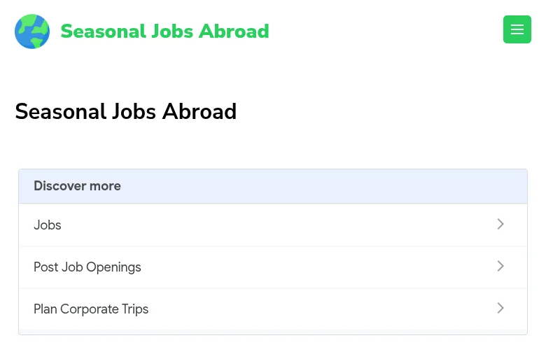 Seasonal Jobs Abroad job board platform screenshot showing job search interface