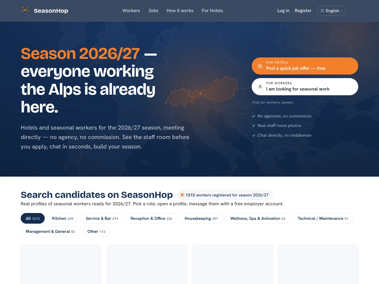 SeasonHop job board platform screenshot showing job search interface