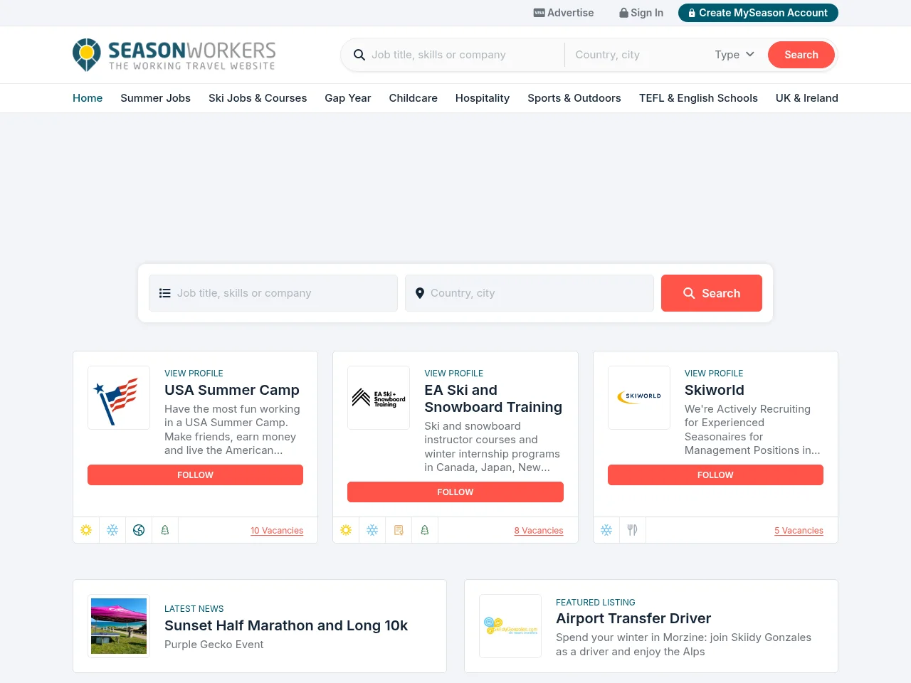 SeasonWorkers job board platform screenshot showing job search interface