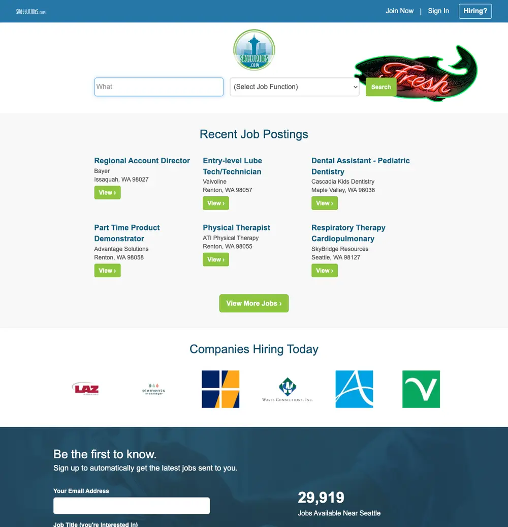 SeattleJobs job board platform screenshot showing job search interface