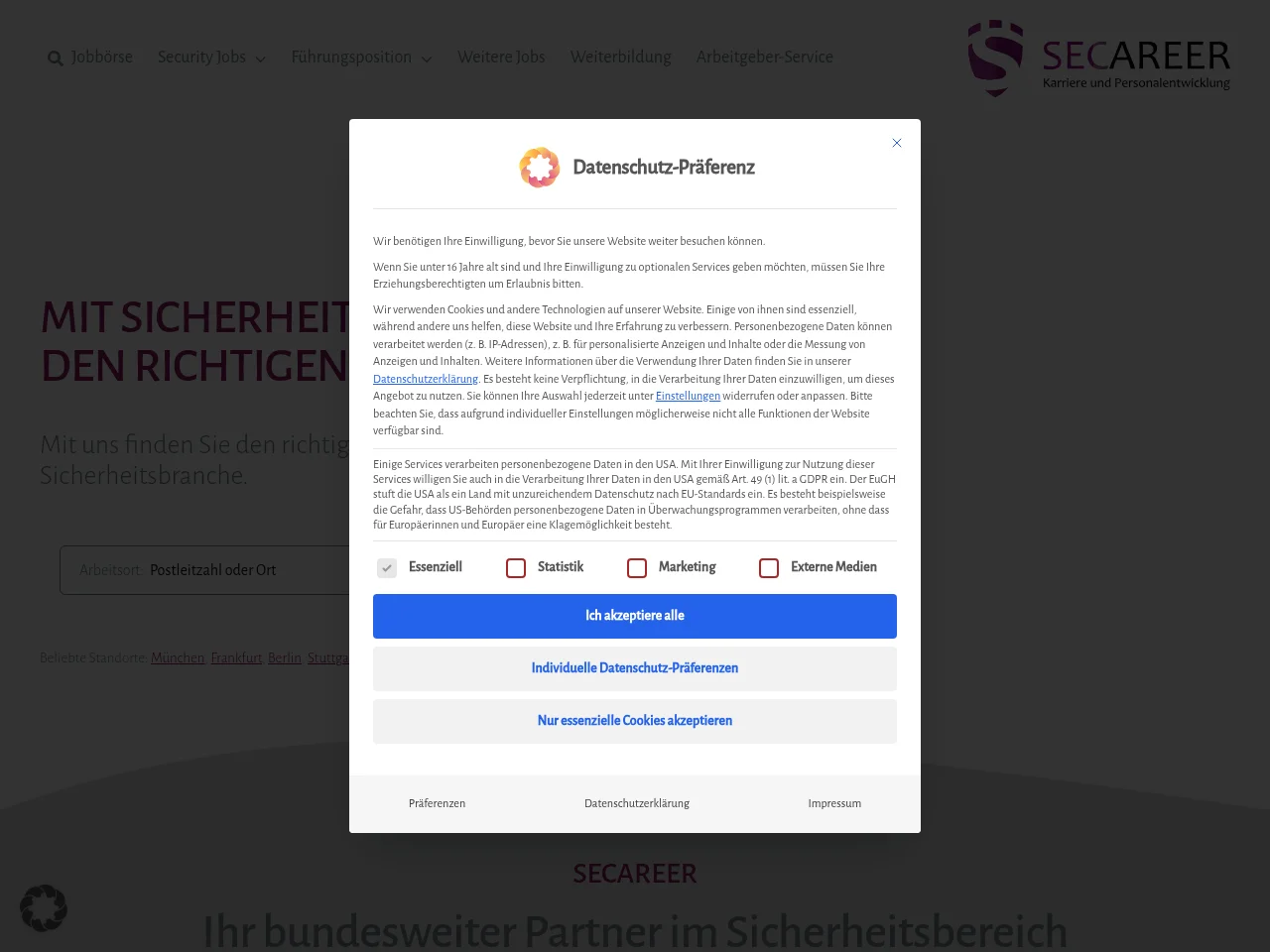 SECAREER job board platform screenshot showing job search interface