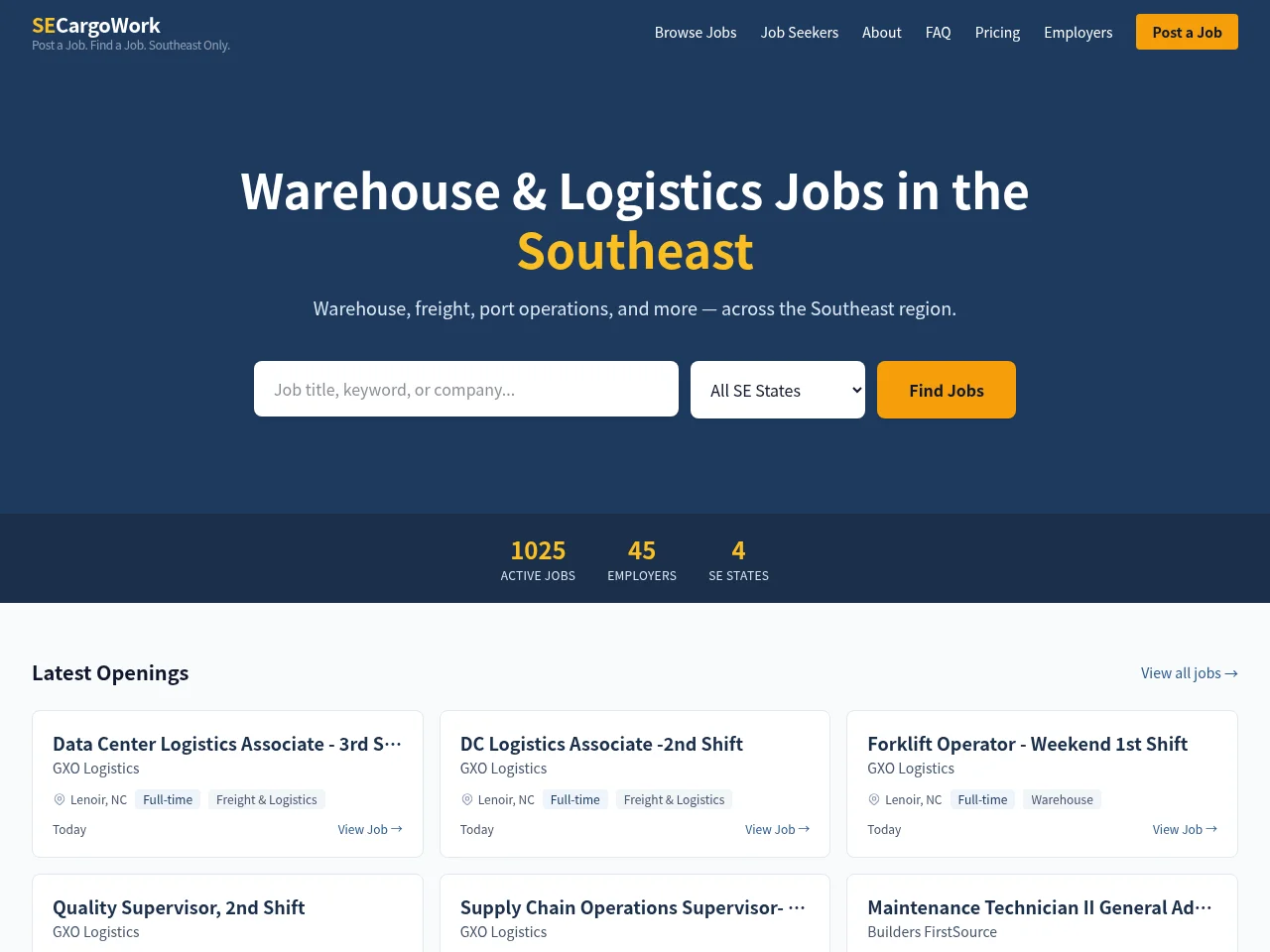 SE Cargo Work screenshot SE Cargo Work job board platform screenshot showing job search interface