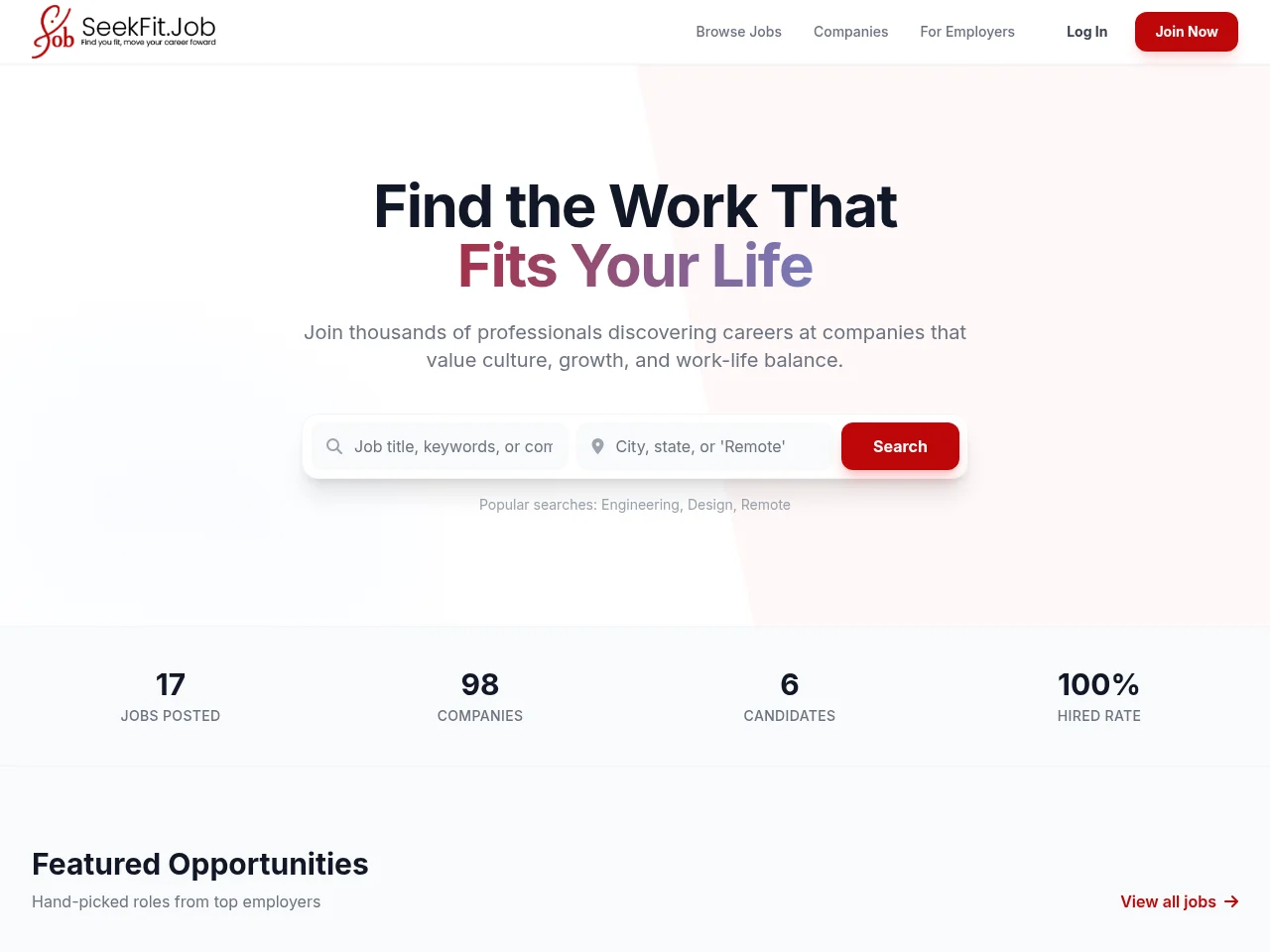 SeekFitJob job board platform screenshot showing job search interface
