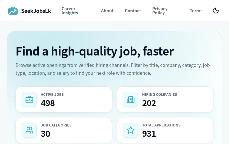 SeekJobsLk job board platform screenshot showing job search interface