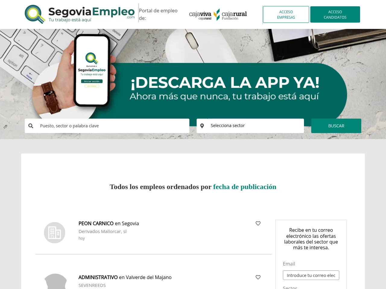 Segovia Empleo job board platform screenshot showing job search interface