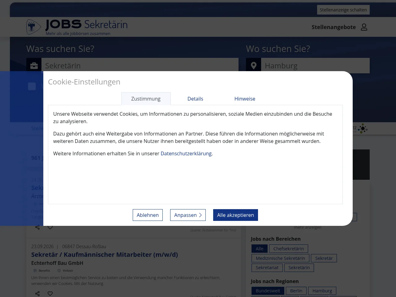 Sekretärin-Stellenangebote.de job board platform screenshot showing job search interface