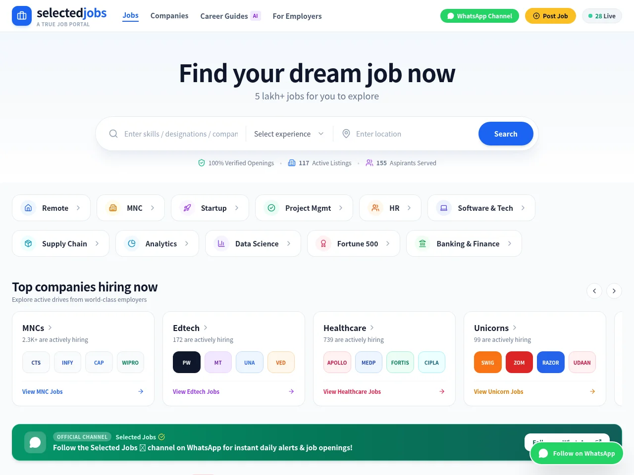 Selected Jobs job board platform screenshot showing job search interface