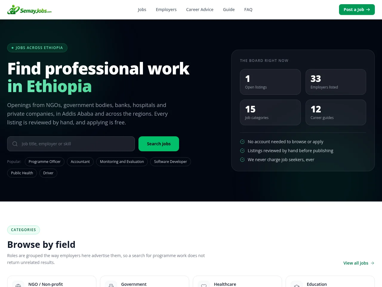 SemayJobs job board platform screenshot showing job search interface