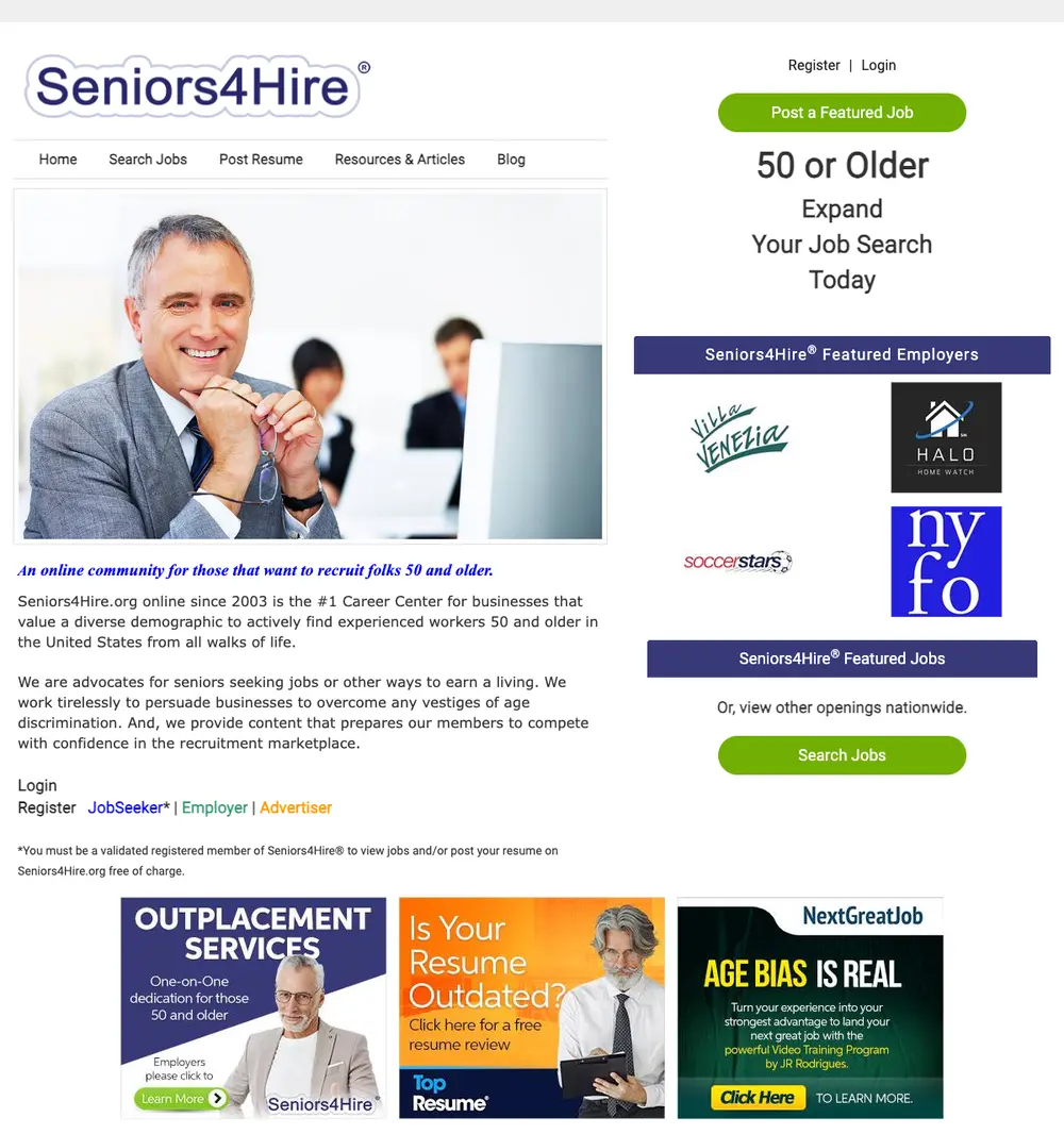 Seniors4Hire job board platform screenshot showing job search interface