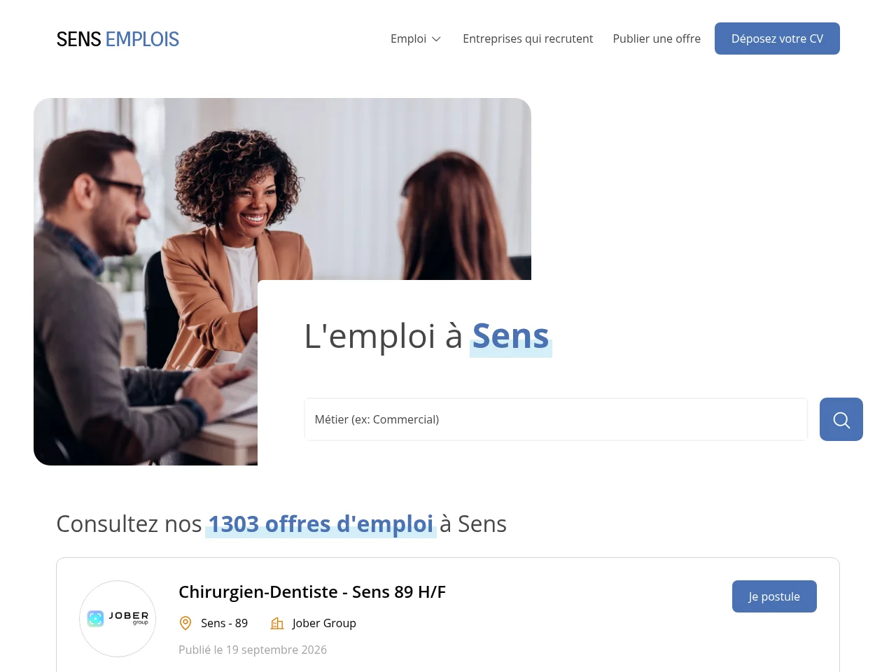 Sens Emplois job board platform screenshot showing job search interface