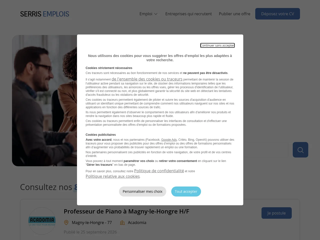 Serris Emplois job board platform screenshot showing job search interface