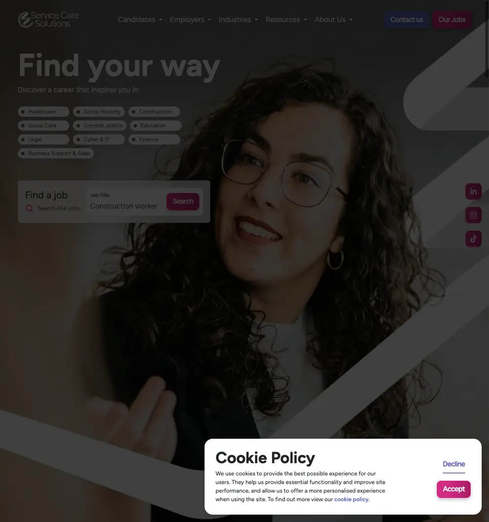 Service Care Solutions job board platform screenshot showing job search interface