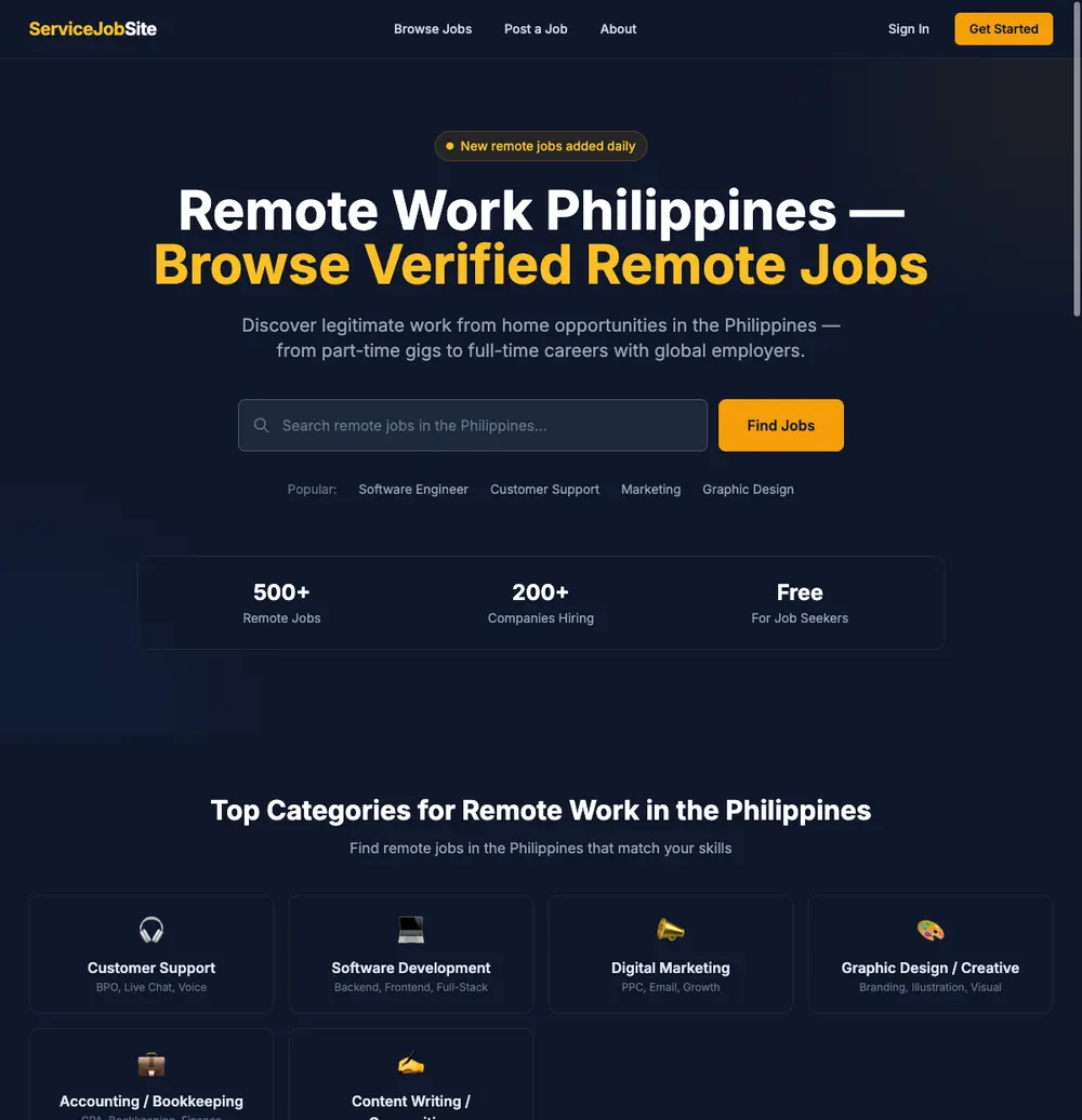 ServiceJobSite job board platform screenshot showing job search interface
