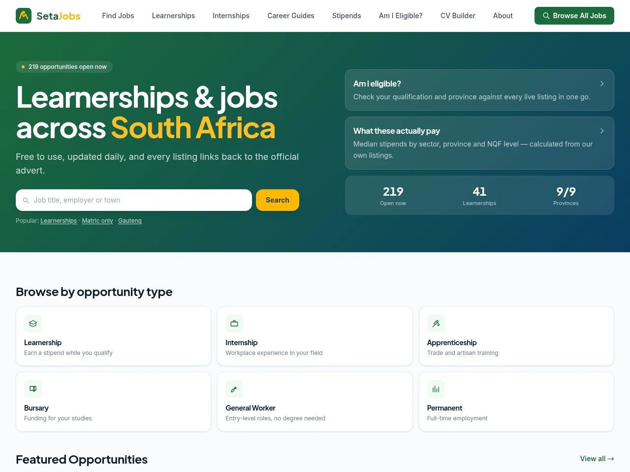 SetaJobs job board platform screenshot showing job search interface