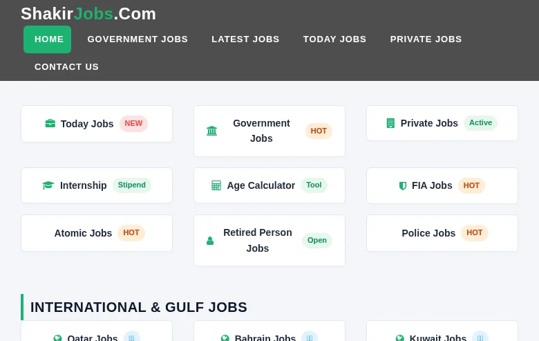 ShakirJobs.Com job board platform screenshot showing job search interface