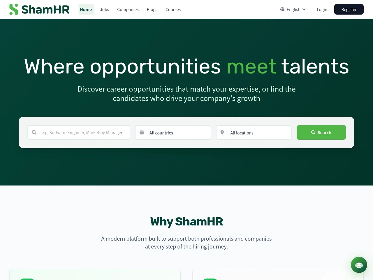 ShamHR job board platform screenshot showing job search interface