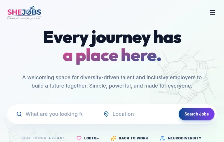 SheJobs job board platform screenshot showing job search interface