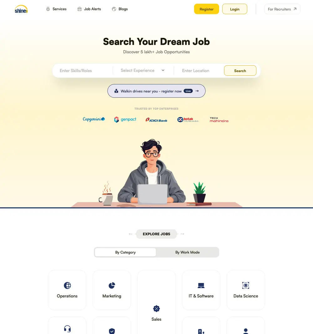 Shine.com job board platform screenshot showing job search interface