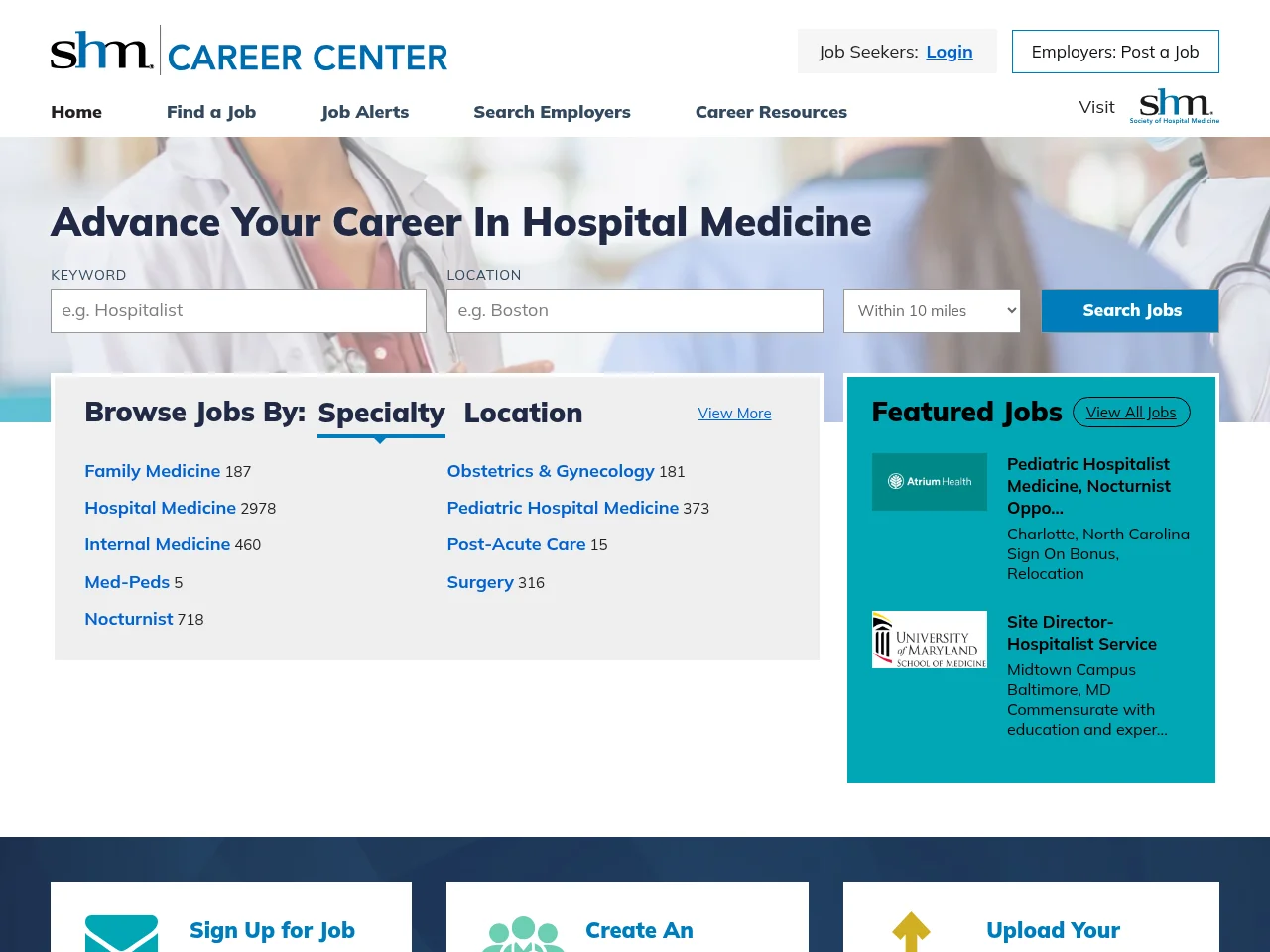 SHM Career Center job board platform screenshot showing job search interface
