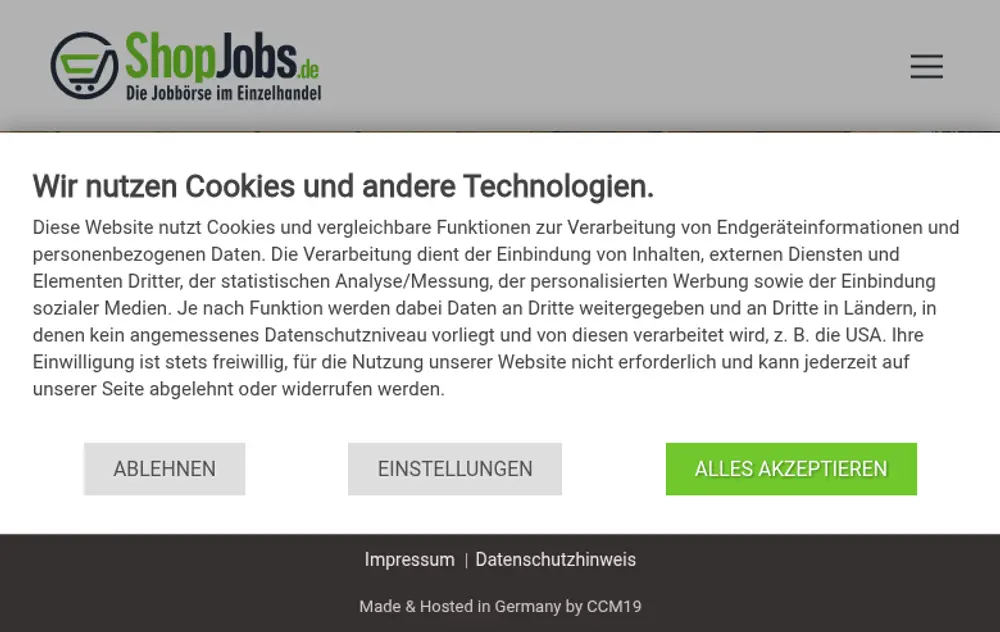 ShopJobs job board platform screenshot showing job search interface