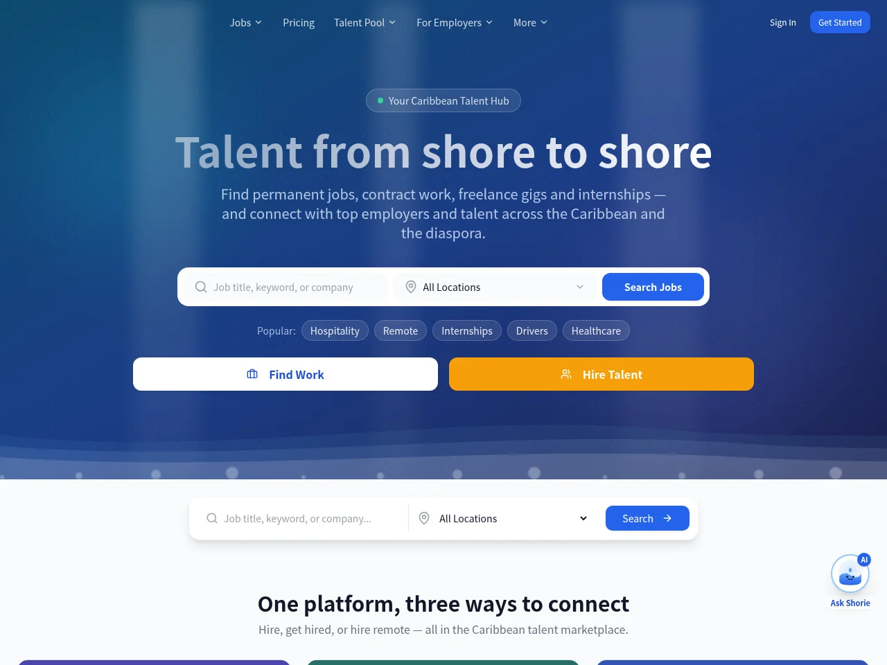 Shore Talents job board platform screenshot showing job search interface