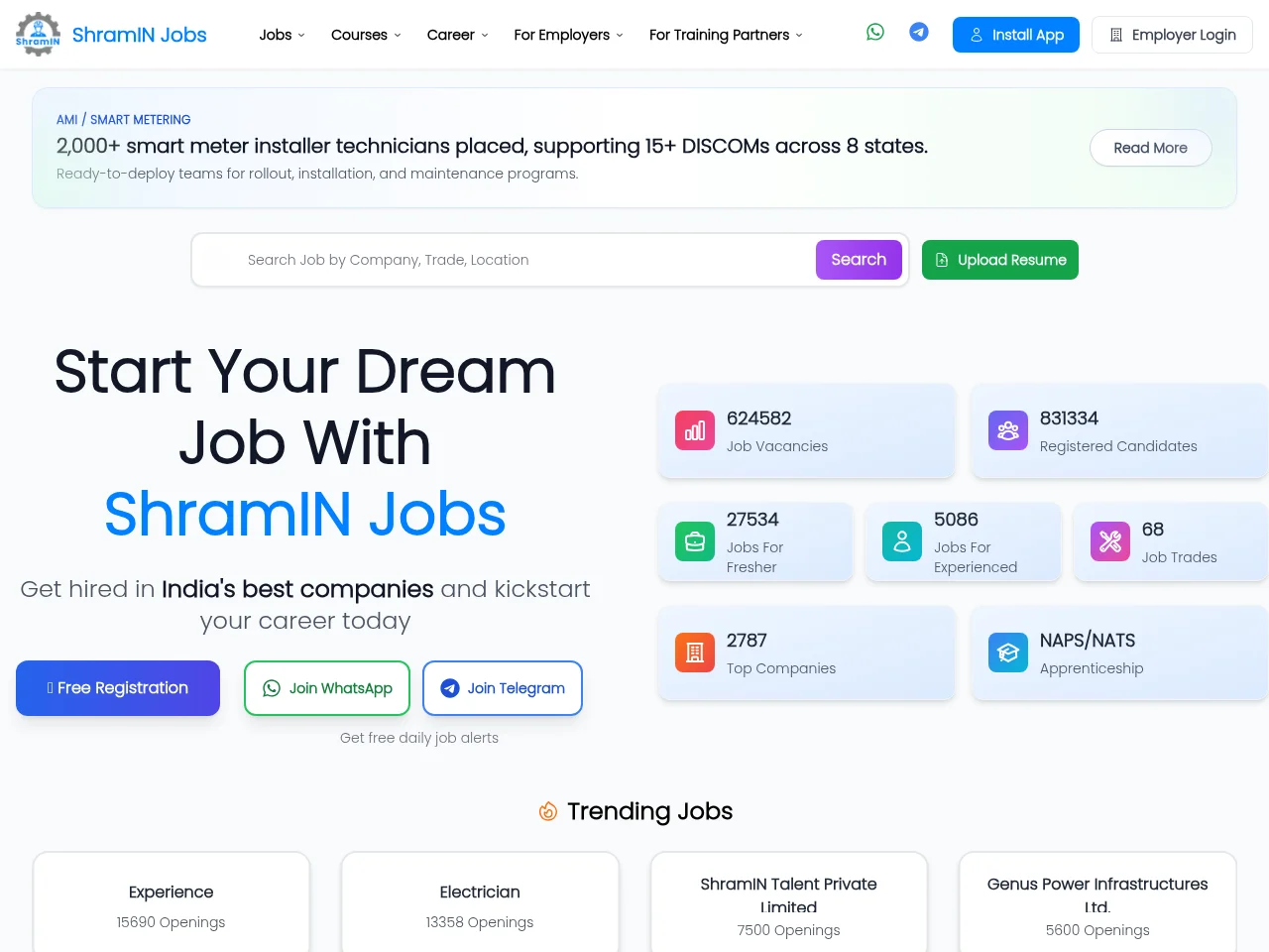 ShramIN Jobs job board platform screenshot showing job search interface