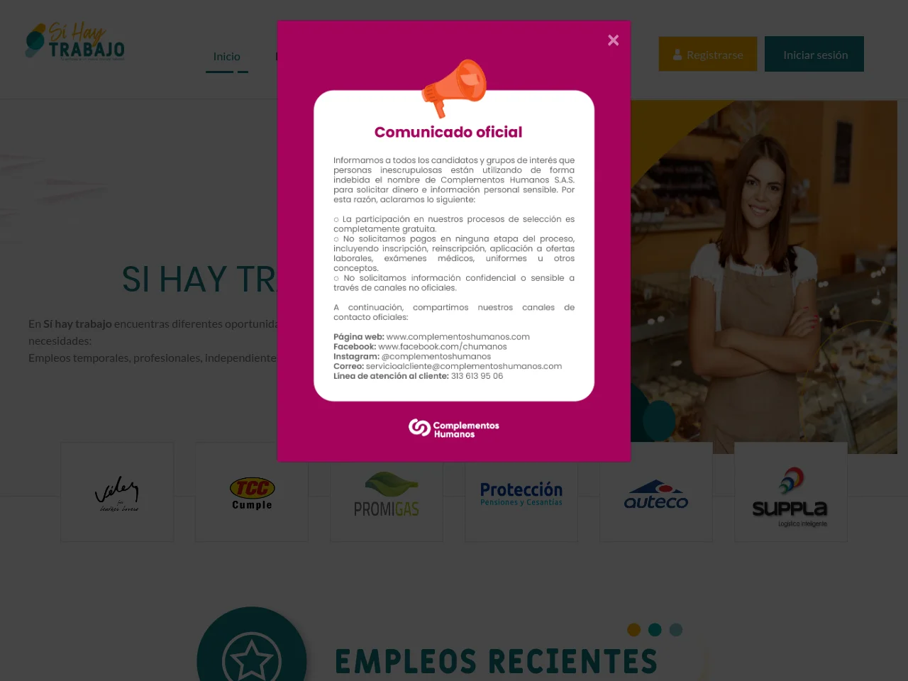 Sí hay trabajo job board platform screenshot showing job search interface