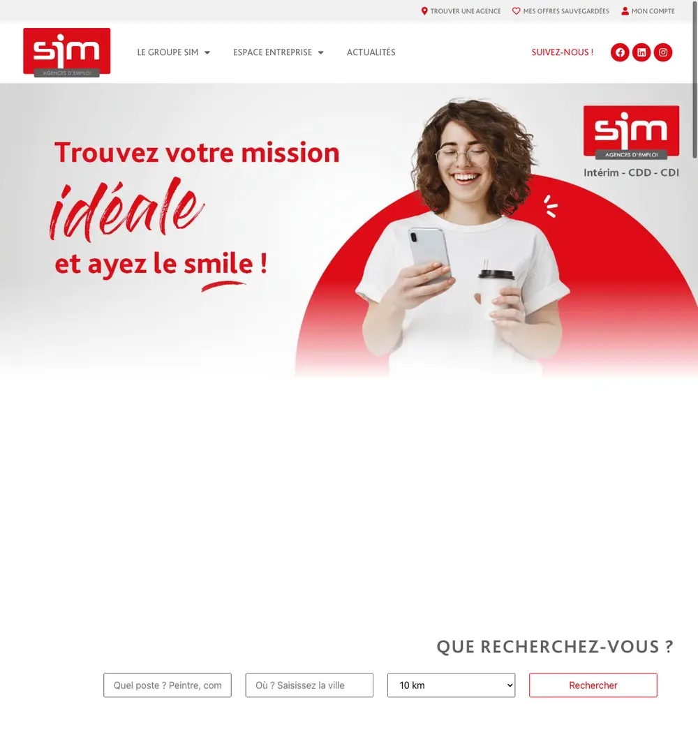 SIM Agences d'emploi job board platform screenshot showing job search interface
