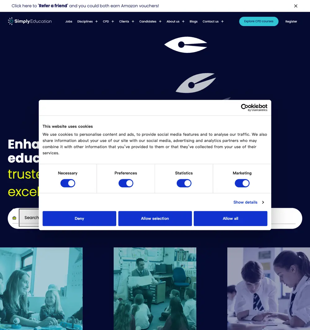 Simply Education job board platform screenshot showing job search interface