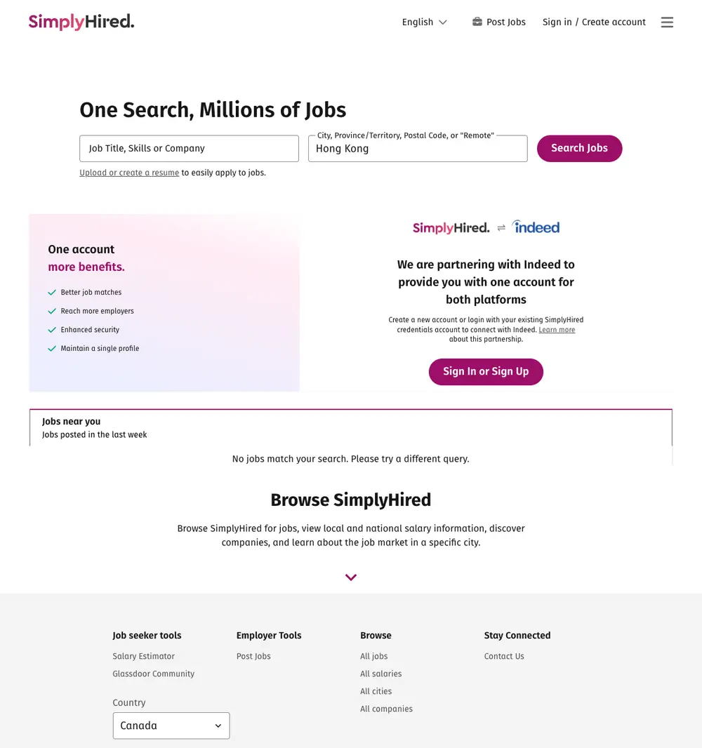 SimplyHired job board platform screenshot showing job search interface