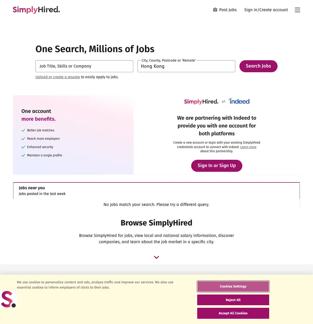 SimplyHired UK job board platform screenshot showing job search interface