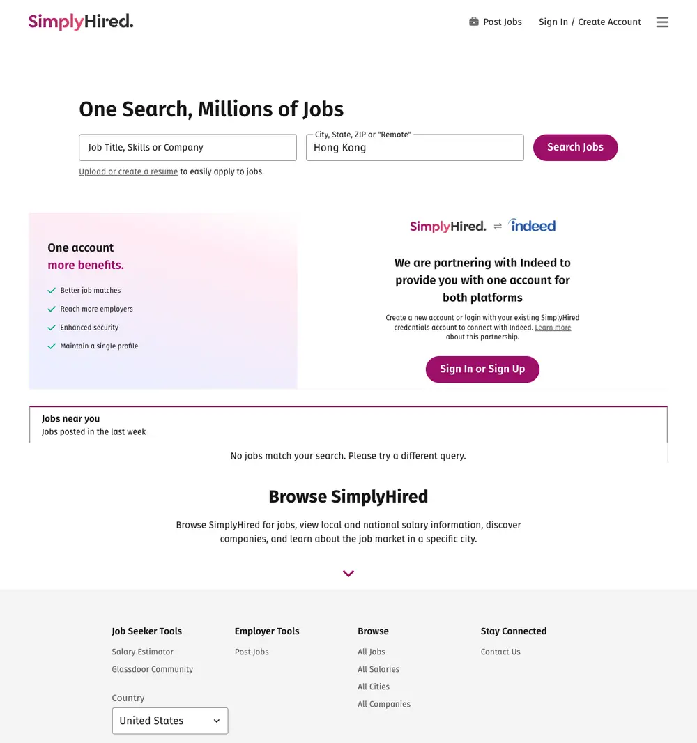 SimplyHired job board platform screenshot showing job search interface