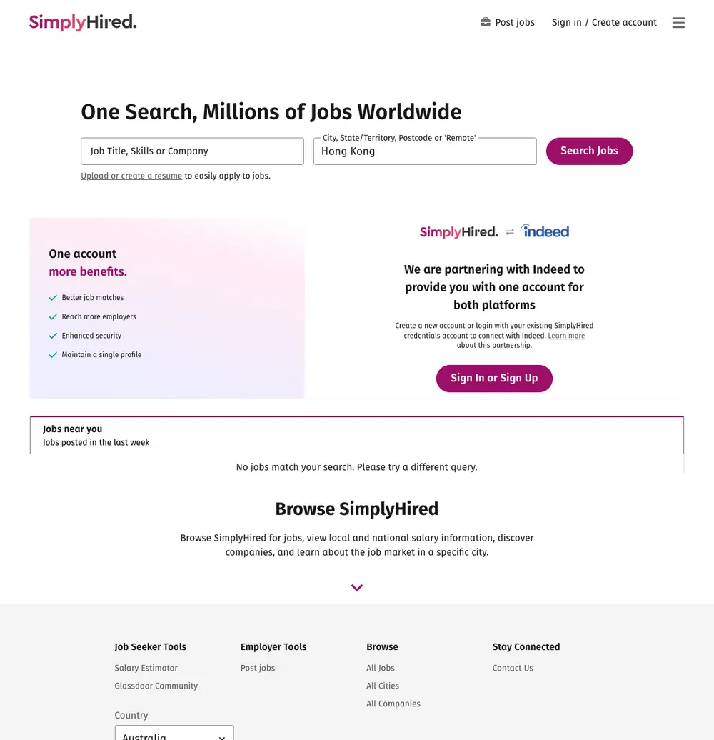SimplyHired Australia job board platform screenshot showing job search interface