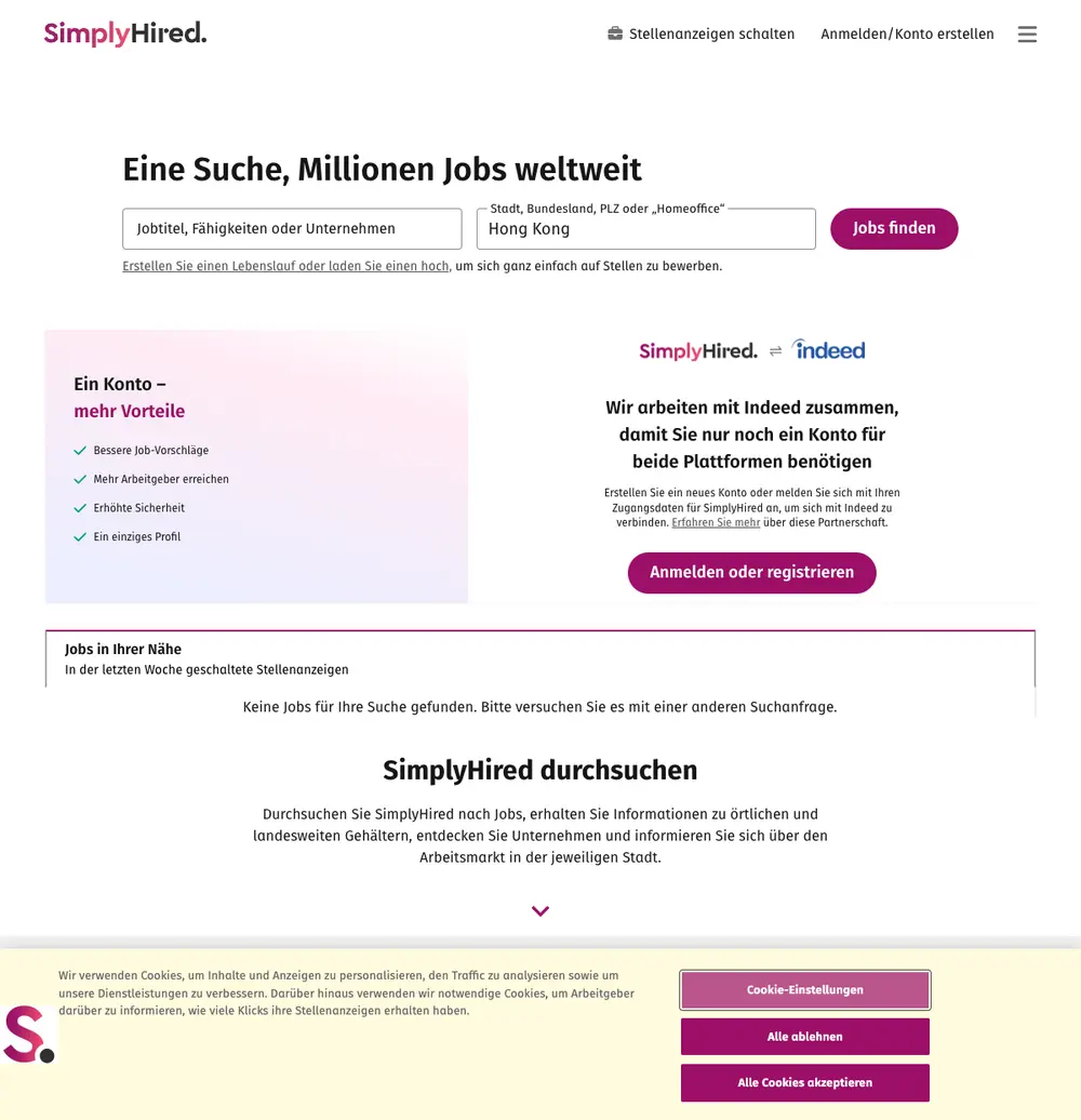 SimplyHired.de job board platform screenshot showing job search interface