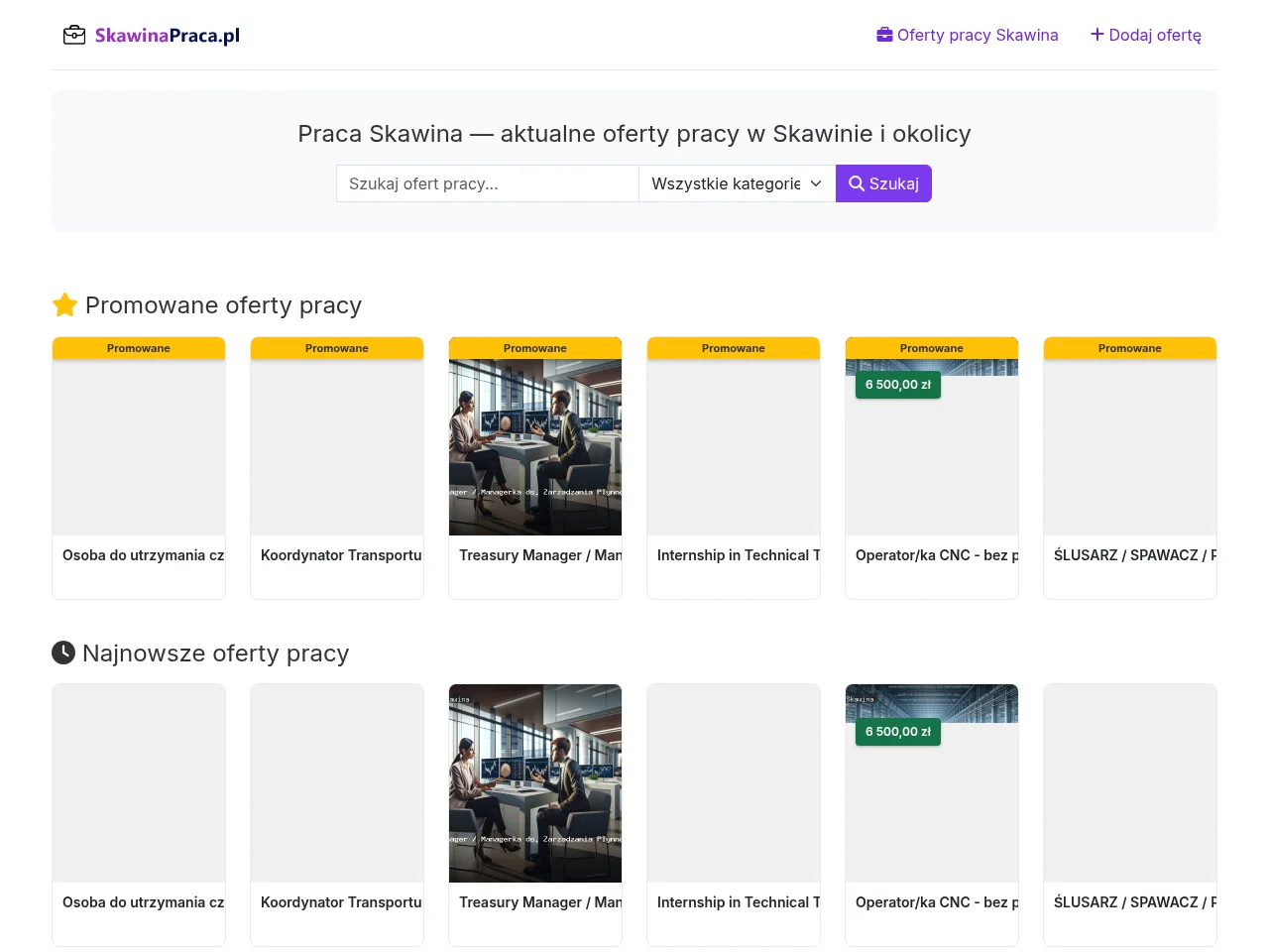 skawinapraca.pl job board platform screenshot showing job search interface