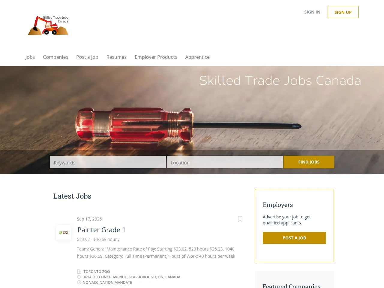 Skilled Trade Jobs Canada job board platform screenshot showing job search interface