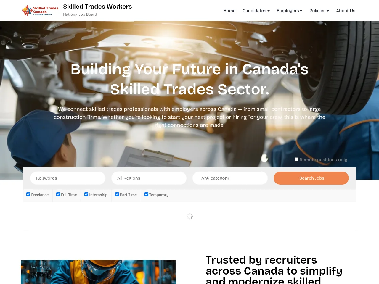 Skilled Trades Career job board platform screenshot showing job search interface