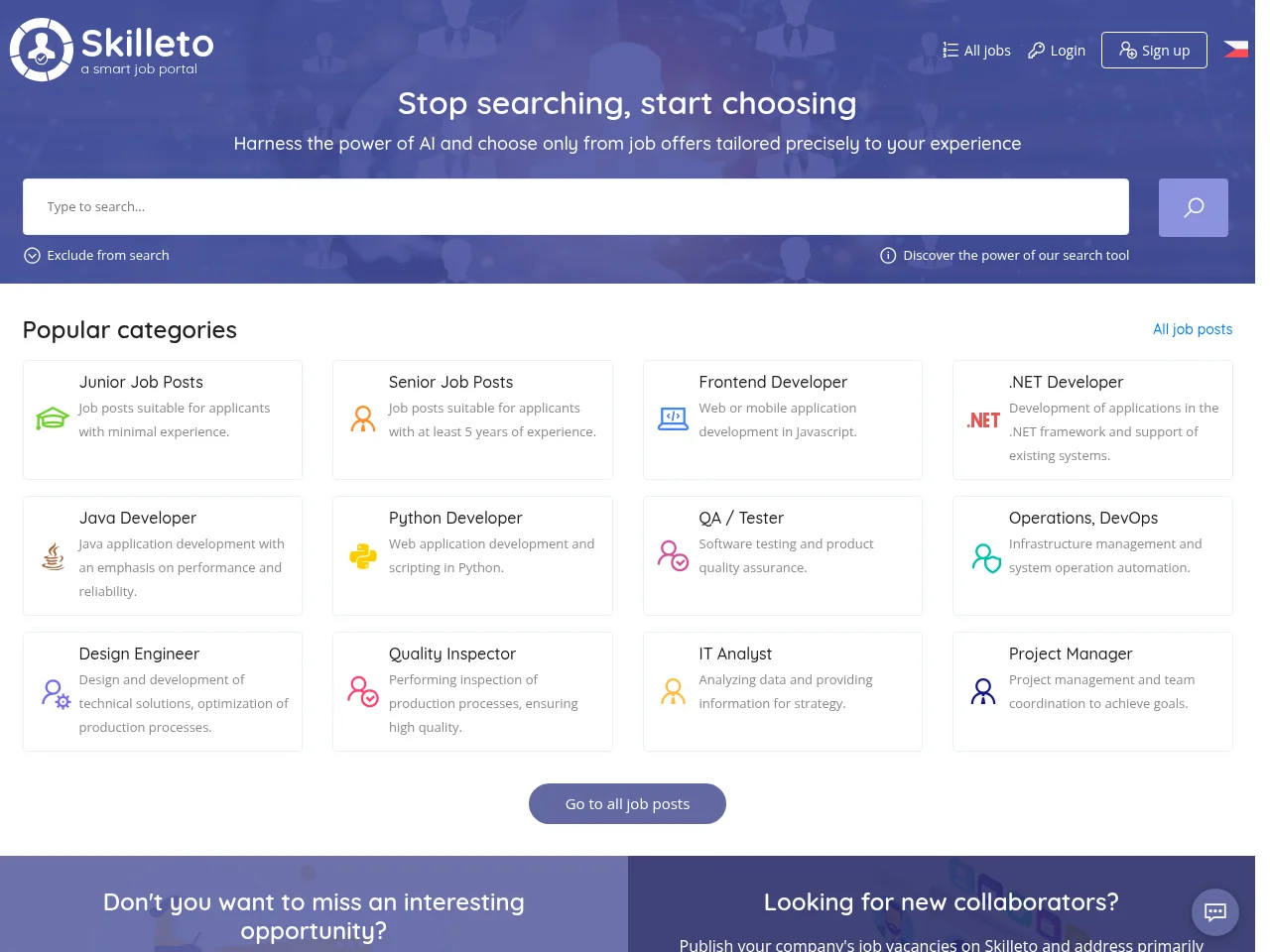 Skilleto job board platform screenshot showing job search interface
