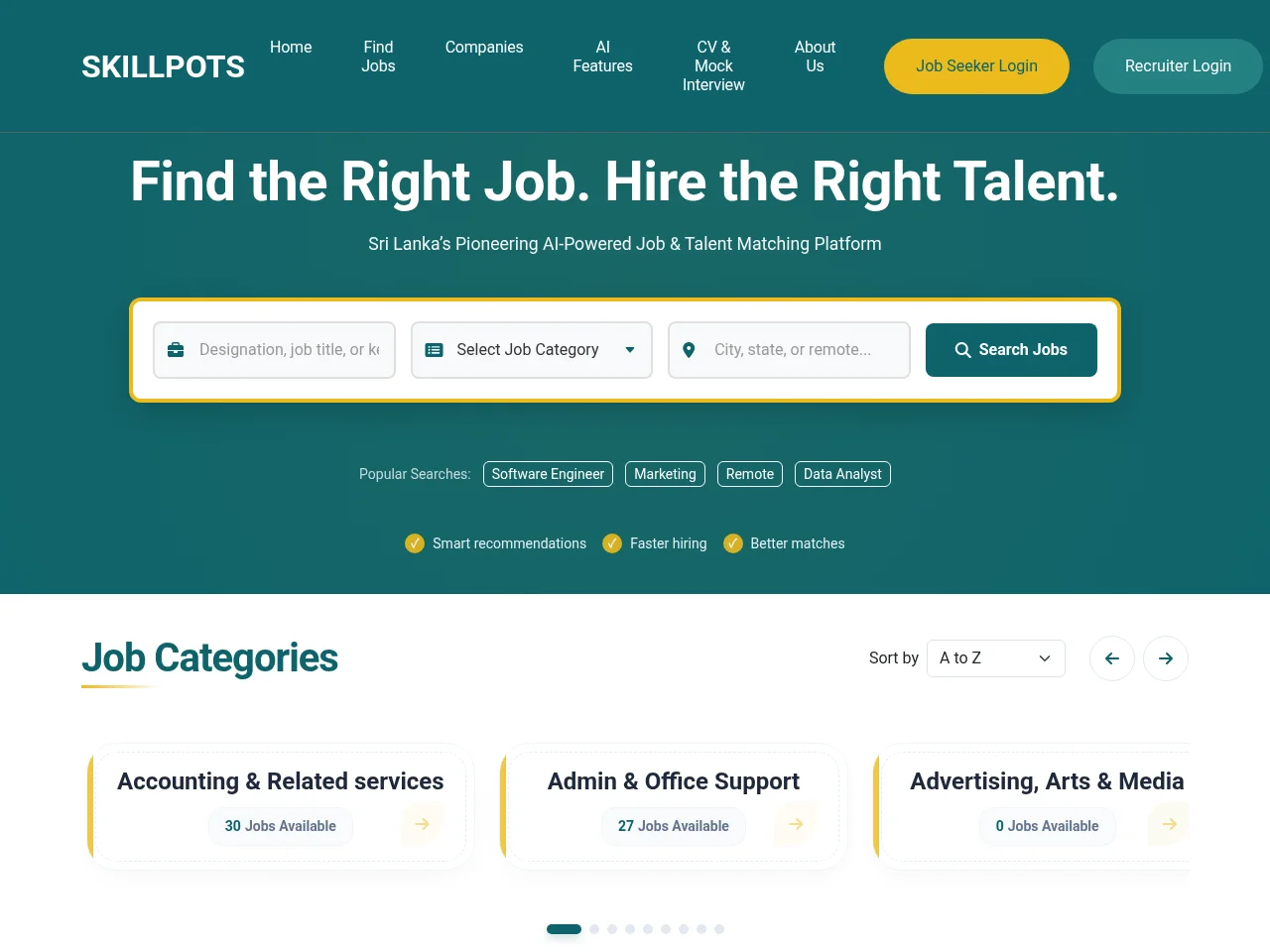 Skillpots screenshot Skillpots job board platform screenshot showing job search interface