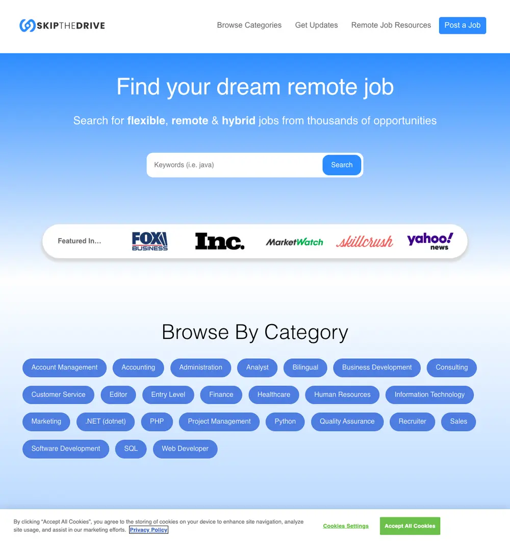 SkipTheDrive job board platform screenshot showing job search interface