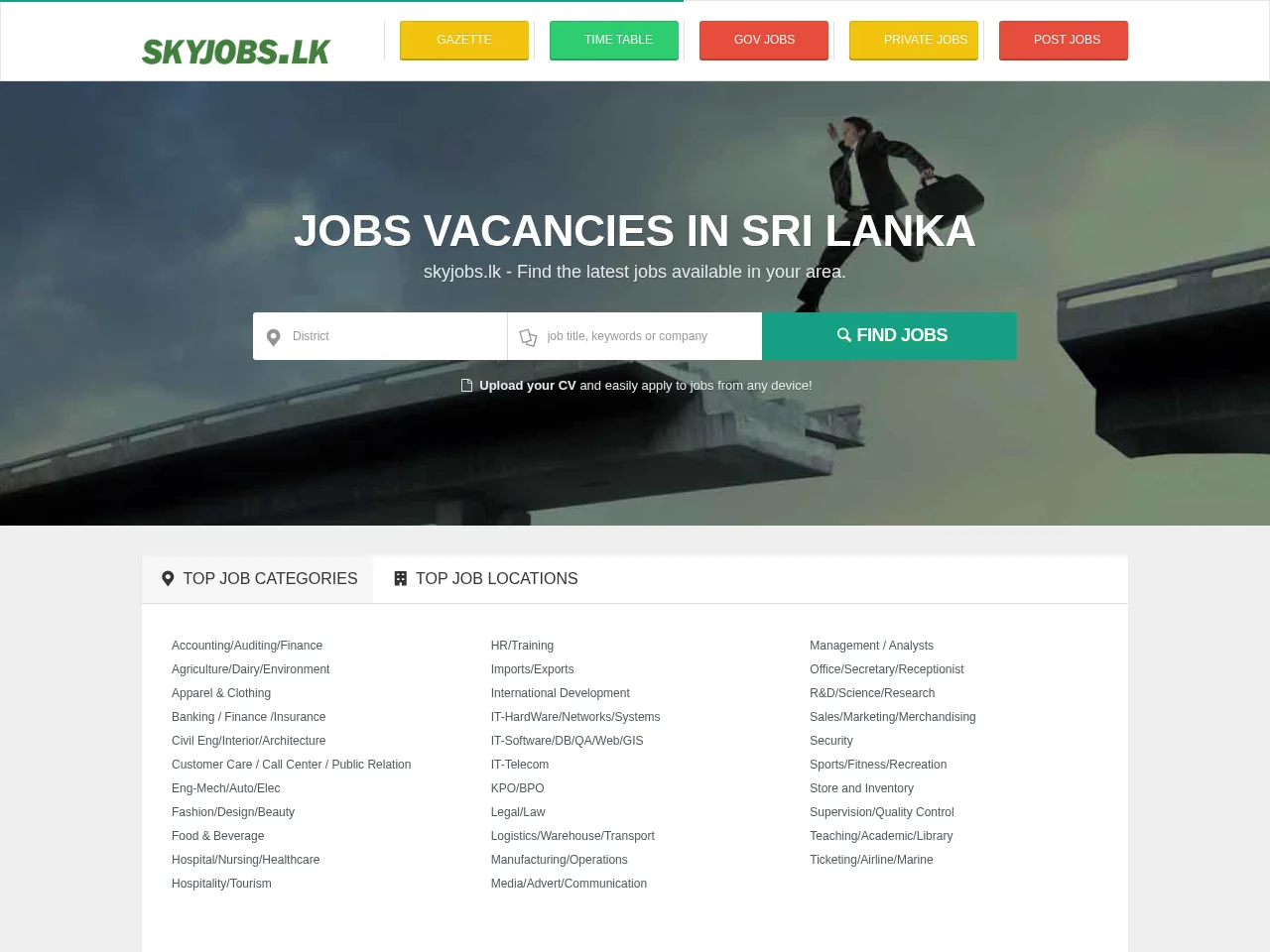 skyjobs.lk job board platform screenshot showing job search interface