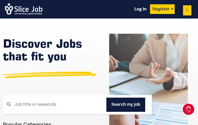 Slicejob screenshot Slicejob job board platform screenshot showing job search interface